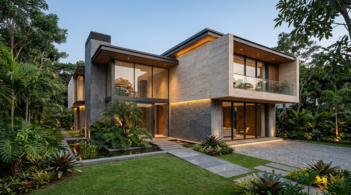 Fasad Rumah Mewah Batu Andesit dan Palimanan